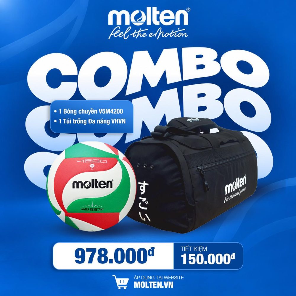 COMBO Bóng chuyền V5M4200 + Túi Trống VHVN Đen/Xanh